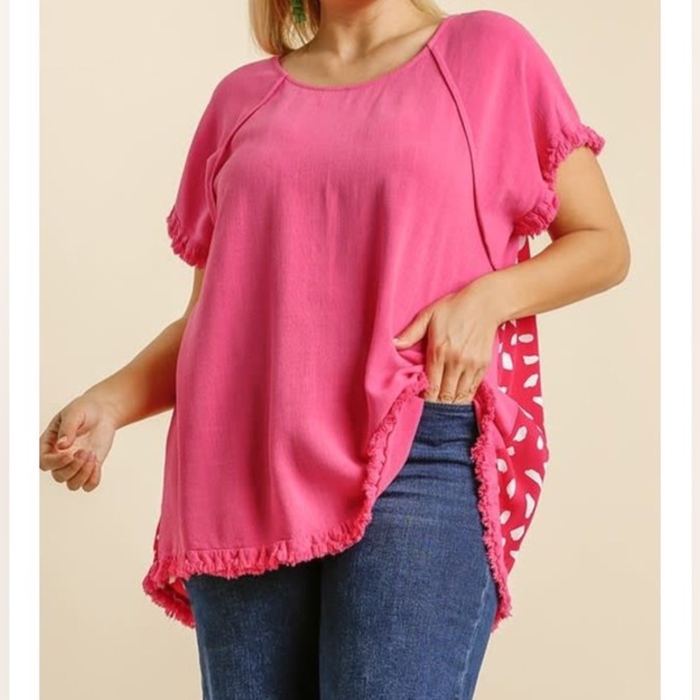 Umgee Hot Pink Linen Dalmatian Fringe Tunic Top size Small